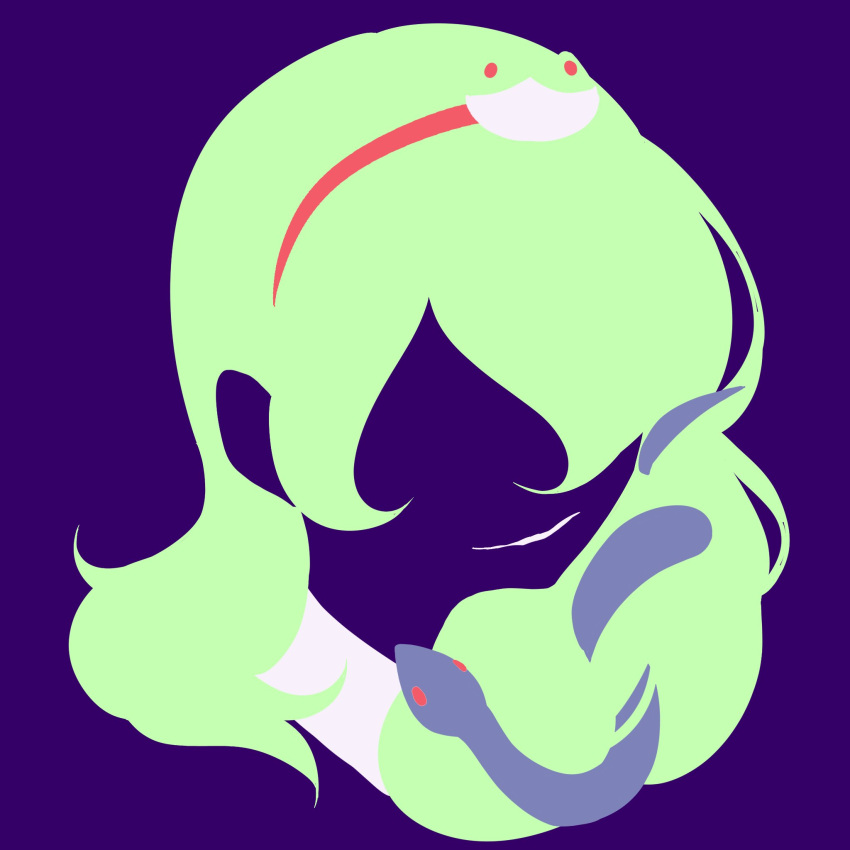 1girl animal_hair_ornament collared_shirt frog frog_hair_ornament green_hair hair_ornament highres kochiya_sanae limited_palette long_hair maskin_mei minimalism open_mouth purple_background red_eyes shirt simple_background smile snake snake_hair_ornament touhou