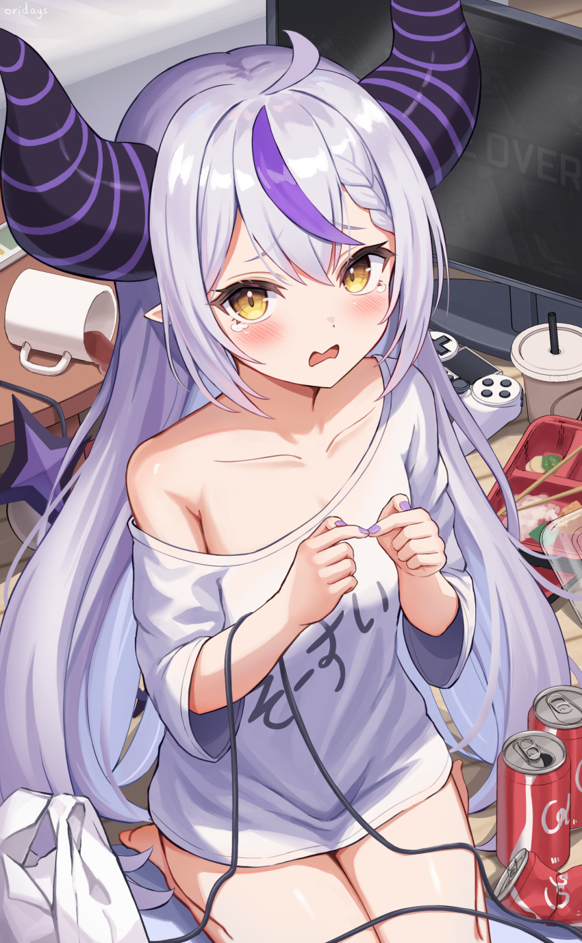 1girl ahoge bag blush breasts can collarbone controller cup disposable_cup fingernails game_controller grey_hair grocery_bag hair_between_eyes highres hololive horns la+_darknesss long_hair looking_at_viewer messy_room monitor mug nail_polish naked_shirt off-shoulder_shirt off_shoulder oridays petite pointy_ears purple_hair seiza shirt shopping_bag sidelocks signature sitting small_breasts soda_can solo spill tail takeout_container tearing_up very_long_hair virtual_youtuber