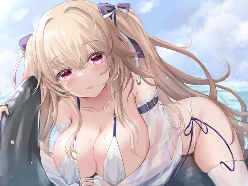 1girl anchorage_(azur_lane) anchorage_(dolphins_and_swim_lessons)_(azur_lane) azur_lane bikini bow breasts brown_hair cloud collarbone commentary_request day detached_sleeves habu_rin hair_bow highres inflatable_orca inflatable_toy large_breasts light_blush light_brown_hair long_hair looking_at_viewer lying official_alternate_costume on_stomach outdoors parted_lips pink_eyes purple_bow see-through see-through_sleeves side-tie_bikini_bottom skindentation sky solo swimsuit thighhighs twintails water white_bikini white_thighhighs