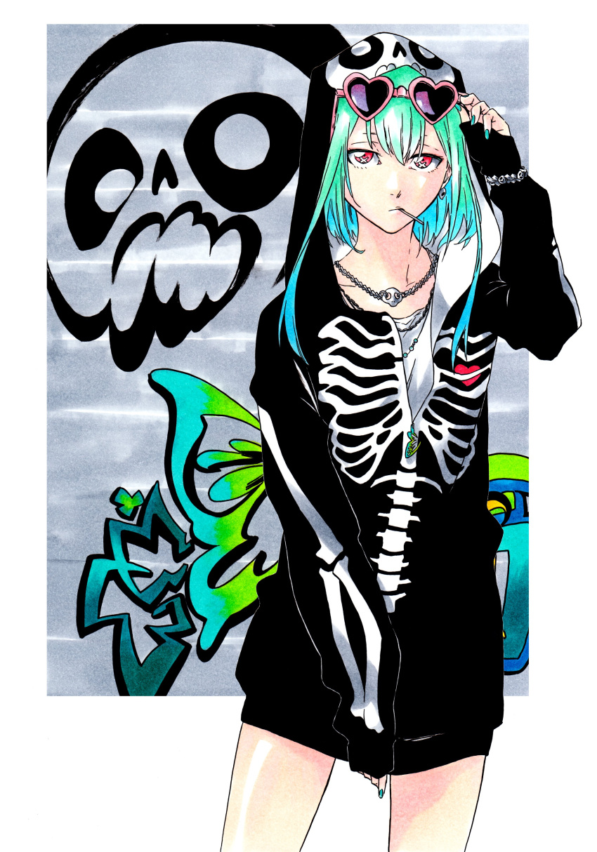 1girl absurdres bare_legs candy collarbone earrings eyewear_on_head food graffiti green_hair green_nails hair_between_eyes heart heart-shaped_eyewear highres hololive hood hood_up hoodie jewelry ken'ichi_(ken1ro_u) lollipop long_bangs long_sleeves necklace red_eyes shirt skeleton_print skull_print solo sunglasses uruha_rushia virtual_youtuber white_shirt