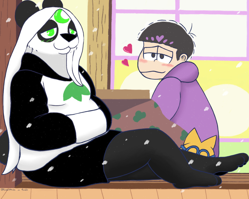 &lt;3 anthro barefoot bear black_body black_fur black_nose blush bottomwear clothed clothing digital_media_(artwork) domestic_cat duo eyewear feet felid feline felis female fur fur_markings furniture giant_panda glasses green_eyes hair happy hi_res hoodie human ichimatsu_matsuno inside kotatsu looking_at_another lunarpanda8686 male male/female mammal markings mika_(lunarpanda8686) mr._osomatsu orange_body orange_fur outside pawpads round_ears sitting skirt sleeping slightly_chubby snow table topwear ursine white_body white_fur white_hair