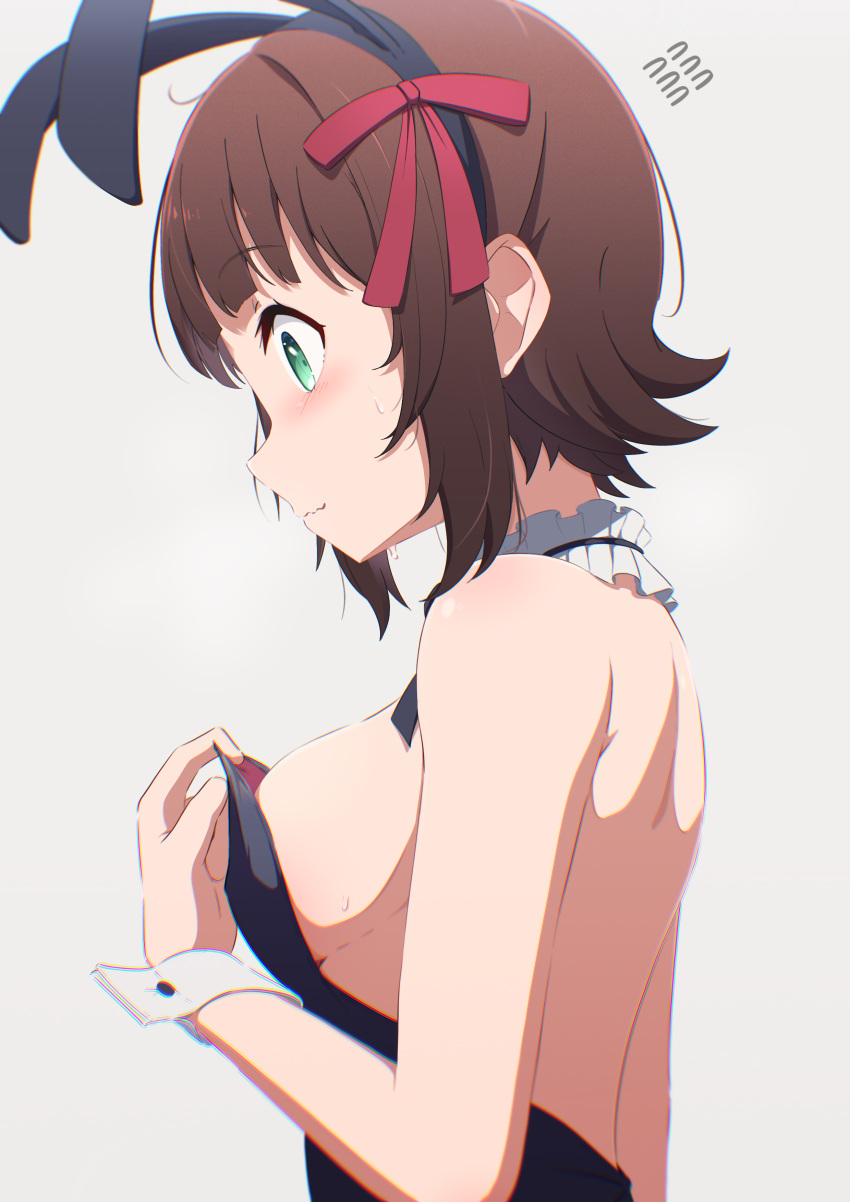 1girl absurdres amami_haruka animal_ears bare_back bare_shoulders black_leotard blush breasts brown_hair chromatic_aberration collar detached_collar embarrassed fake_animal_ears flying_sweatdrops frilled_collar frills from_side green_eyes gyorui_(katsuwo_drawing) hair_ribbon highres idolmaster idolmaster_(classic) idolmaster_million_live! leotard leotard_pull medium_breasts medium_hair playboy_bunny profile rabbit_ears red_ribbon ribbon sideboob sidelocks simple_background solo sweatdrop upper_body wavy_mouth white_background wrist_cuffs