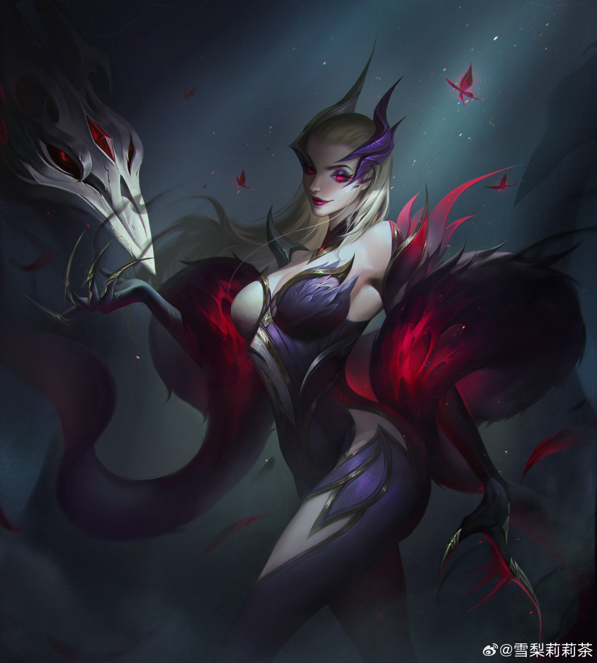 1girl absurdres artist_name blonde_hair breasts bug butterfly claw_(weapon) cleavage closed_mouth coven_evelynn cowboy_shot evelynn_(league_of_legends) eyeshadow fog forest hair_slicked_back highres large_breasts league_of_legends looking_at_viewer makeup moonlight nature night official_alternate_costume official_alternate_hairstyle outdoors red_butterfly red_eyes smile solo standing sydney_lily weapon