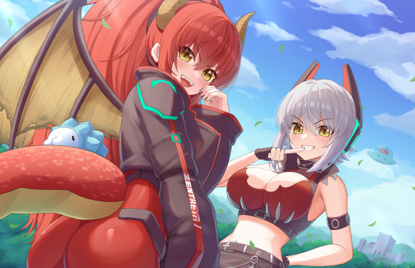 2girls android arm_behind_back arm_strap ass black_gloves black_jacket black_nails black_skirt blue_sky blush bodysuit bokuboyarts breasts closed_mouth cloud cropped_jacket dragon_girl dragon_horns dragon_tail dragon_wings finger_to_mouth gloves highres horns jacket large_breasts long_hair mechanical_horns midriff multiple_girls nail_polish open_mouth pokemon pokemon_(creature) ponytail red_bodysuit red_hair red_tube_top short_hair sidelocks skirt sky slit_pupils smile snom strapless tail teeth tube_top upper_teeth_only virtual_youtuber vshojo wings yellow_eyes zentreya_(vtuber) zentreya_(vtuber)_(cyborg) zentreya_(vtuber)_(dragon)