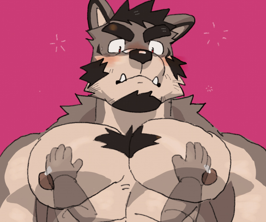 1boy abs animal_ears animated animated_gif bara blush bouncing_pecs brown_fur chest_hair chest_tuft disembodied_limb dog_boy dog_ears ear_down facial_hair furry furry_male goatee groping huge_eyebrows large_pectorals lveink male_focus mature_male muscular muscular_male mutton_chops nipples nude original pectorals short_hair sleep_bubble solo_focus tusks two-tone_fur upper_body waking_up