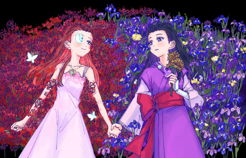 2girls ace_attorney black_background black_hair blue_flower blush braid bug butterfly closed_mouth daffodil dahlia_hawthorne dress eye_contact flower hanten_(clothes) holding holding_flower holding_hands iris_(ace_attorney) japanese_clothes jewelry long_hair long_sleeves looking_at_another lying magatama magatama_necklace matching_hairstyle multiple_girls necklace obi on_back oyoyo_pe phoenix_wright:_ace_attorney_-_trials_and_tribulations red_flower red_hair red_sash sash siblings sisters sleeveless sleeveless_dress smile spider_lily sunflower symmetry twins white_butterfly white_dress