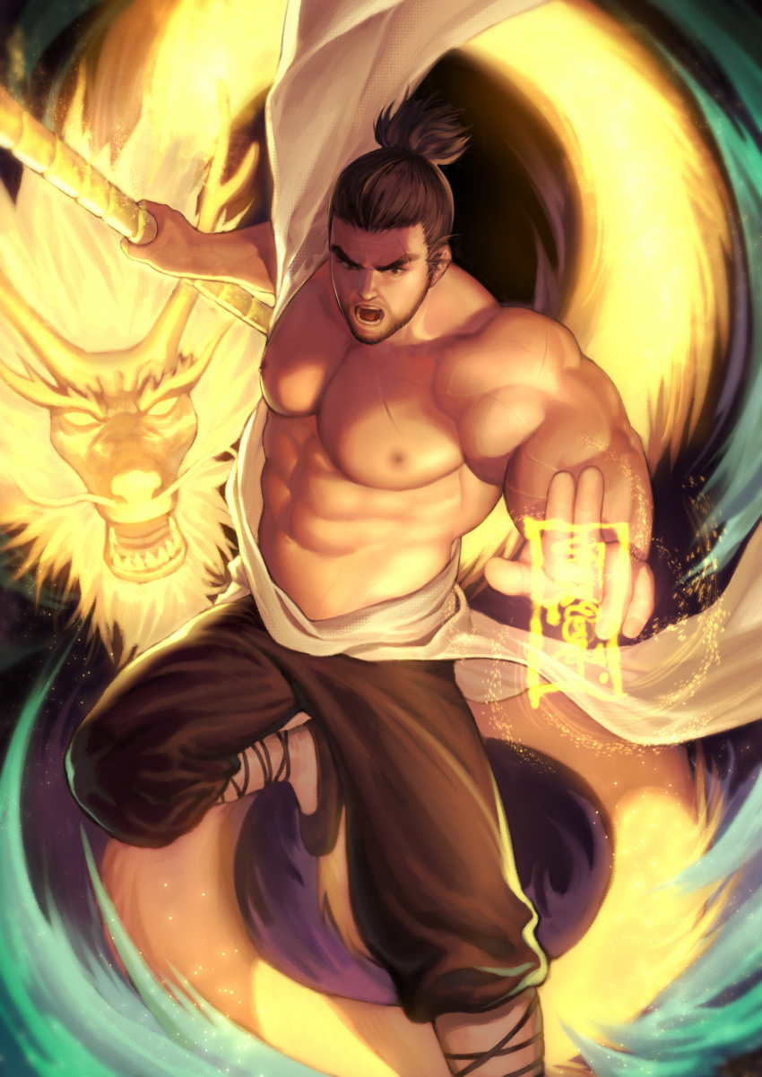 1boy abs absurdres baimeme bara beard black_hair dragon dungeon_and_fighter eyebrow_cut facial_hair fighting_stance fire foot_out_of_frame hadanugi_dousa high_ponytail highres large_hands large_pectorals looking_at_viewer male_focus male_priest_(dungeon_and_fighter) mature_male muscular muscular_male mustache_stubble nipples pectorals pyrokinesis sandals scar scar_on_chest short_hair shouting solo stomach thick_eyebrows topless_male v-shaped_eyebrows veins veiny_arms