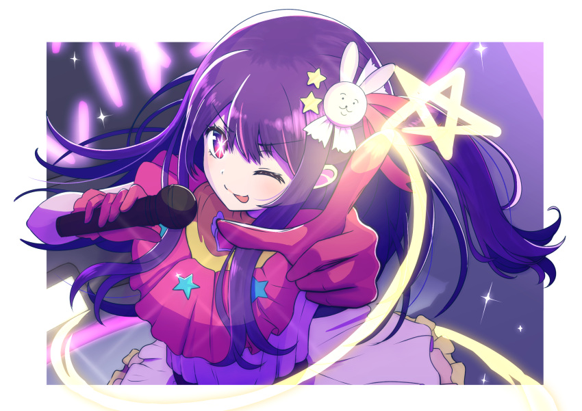 1girl arema belt black_belt closed_mouth commentary_request dress frilled_dress frills gloves hair_ornament heart highres holding holding_microphone hoshino_ai_(oshi_no_ko) idol long_hair microphone one_eye_closed oshi_no_ko partial_commentary pink_dress pink_gloves pointing pointing_at_viewer purple_eyes purple_hair rabbit_hair_ornament solo sparkle star-shaped_pupils star_(symbol) star_hair_ornament symbol-shaped_pupils tongue tongue_out turtleneck_dress