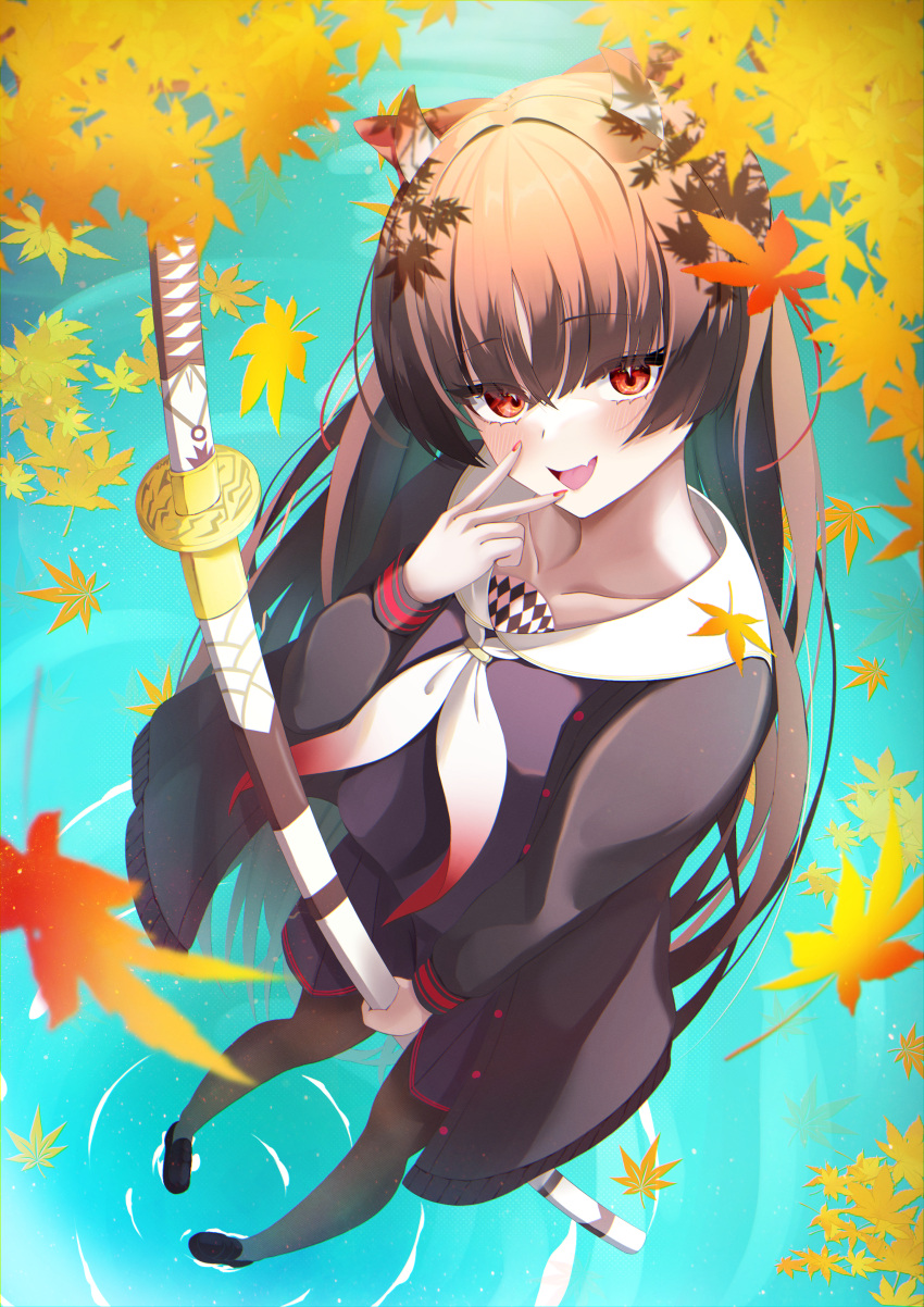1girl absurdres autumn_leaves azur_lane between_legs black_cardigan black_hair black_pantyhose cardigan collarbone day elegant_(sumisumi4268) fang from_above full_body highres holding holding_sword holding_weapon horns long_hair long_sleeves looking_at_viewer oni_horns open_mouth outdoors pantyhose red_eyes sailor_collar sakawa_(azur_lane) school_uniform sheath sheathed skin_fang solo standing standing_on_liquid sword two-tone_neckerchief v very_long_hair water weapon white_sailor_collar