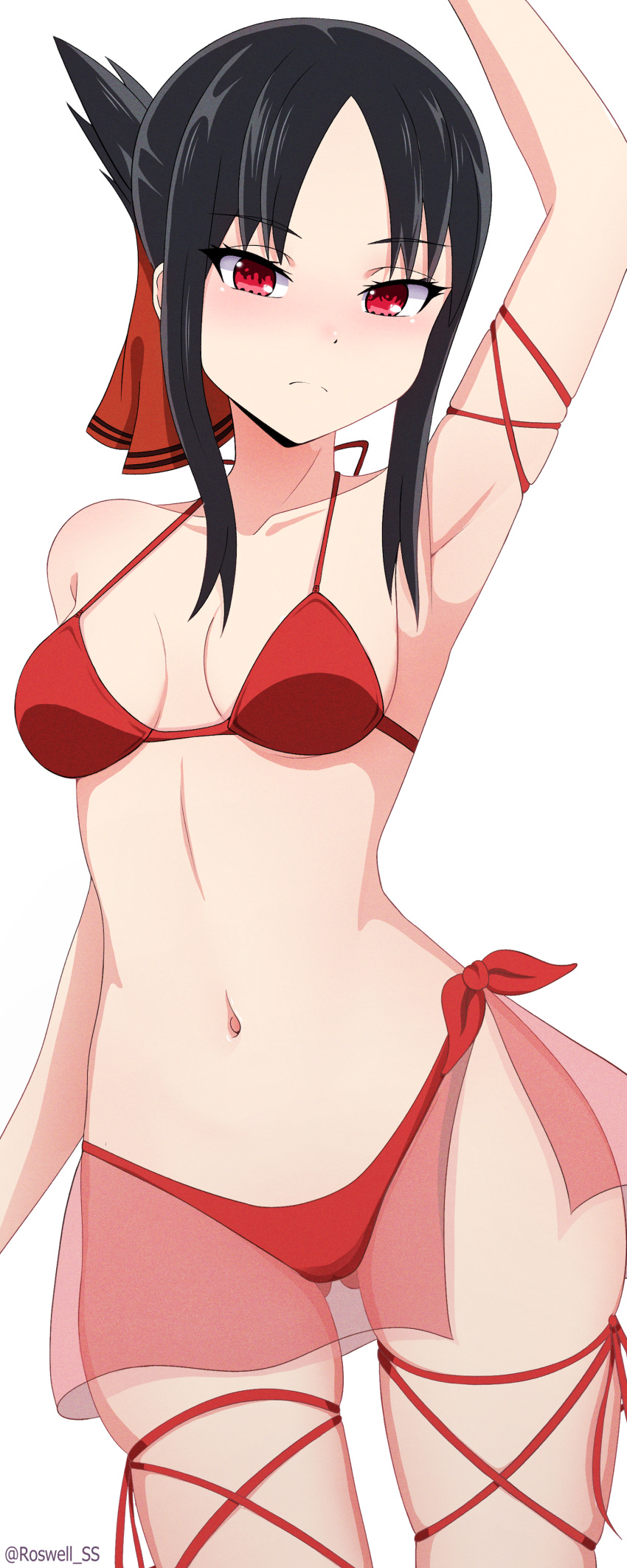 1girl absurdres arm_at_side arm_ribbon arm_up armpits ass_visible_through_thighs bikini black_hair blush breasts breasts_apart closed_mouth collarbone commentary cowboy_shot curvy embarrassed english_commentary eyelashes folded_ponytail frown hair_ribbon halterneck highres kaguya-sama_wa_kokurasetai_~tensai-tachi_no_renai_zunousen~ leg_ribbon looking_at_viewer medium_breasts midriff navel paid_reward_available parted_bangs red_bikini red_eyes red_ribbon ribbon roswell_ss shinomiya_kaguya short_hair_with_long_locks side-tie_bikini_bottom sidelocks simple_background skindentation solo standing stomach swimsuit thigh_ribbon thighs twitter_username white_background