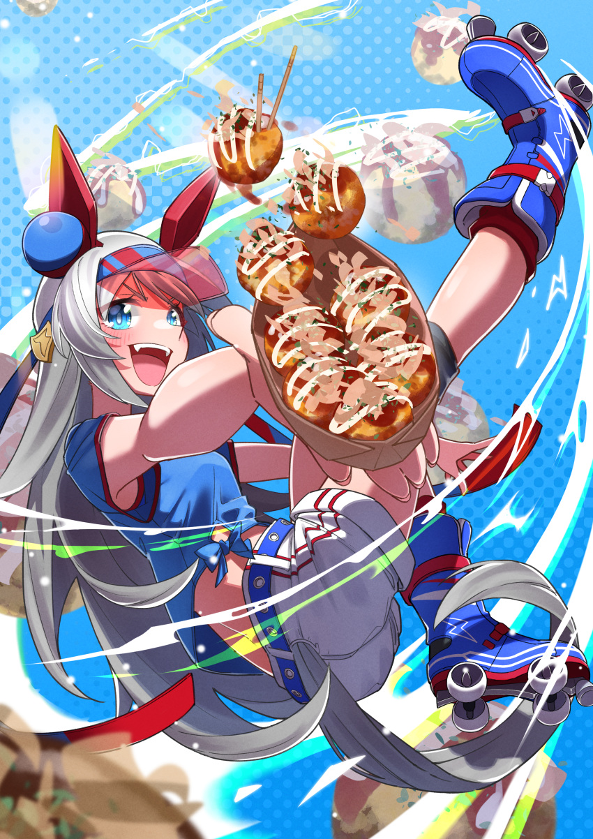 1girl :d absurdres adapted_costume animal_ears blue_eyes blue_footwear blue_shirt blush commentary_request ear_covers food freely2327 from_side hairband highres holding holding_food horse_ears horse_girl inline_skates long_hair midriff roller_skates shirt shorts skates smile solo t-shirt takoyaki tamamo_cross_(umamusume) umamusume visor_cap white_shorts