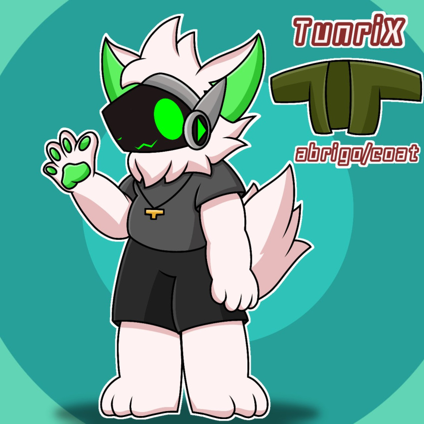 1:1 2d_(artwork) anthro big_ears bottomwear chubby_anthro chubby_male clothing cute_expression cute_eyes digital_drawing_(artwork) digital_media_(artwork) ears_up fluffy fluffy_tail fur gesture green_pawpads happy happy_expression hi_res jewelry lyncario machine male model_sheet neck_tuft necklace pawpads protogen protogen_visor shirt shorts simple_background slightly_chubby solo t-shirt tail topwear tuft tunrix_(lyncario) waving white_body white_fur