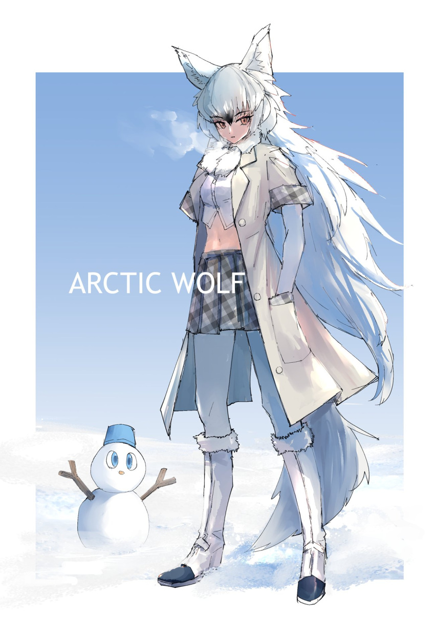 1girl animal_ears arctic_wolf_(kemono_friends) blush boots breath coat commentary_request elbow_gloves fur_trim gloves grey_coat grey_skirt highres kemono_friends long_hair looking_at_viewer midriff navel open_clothes open_coat orange_eyes pantyhose plaid plaid_skirt plaid_trim pleated_skirt shirt short_sleeves skirt snow snowman solo tail white_footwear white_fur white_gloves white_hair white_pantyhose white_shirt wolf_ears wolf_girl wolf_tail yappamuri3