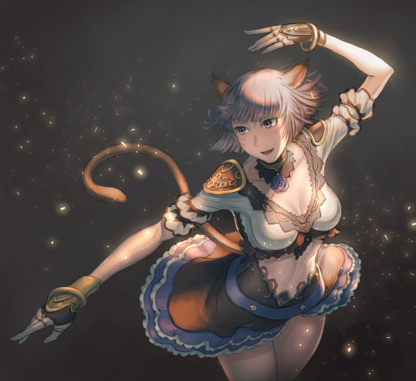 1girl :d animal_ears avatar_(ff11) belt blue_belt blue_eyes blue_flower blue_rose bracelet breasts brown_tail cactus41747280 cat_ears cat_girl cat_tail cleavage collarbone dancer dancer_(final_fantasy) facial_mark final_fantasy final_fantasy_xi flamenco flower frilled_skirt frills grey_hair highres jewelry medium_breasts midriff mithra_(ff11) no_eyebrows open_mouth ring rose shirt short_hair skirt smile solo tail whisker_markings white_shirt