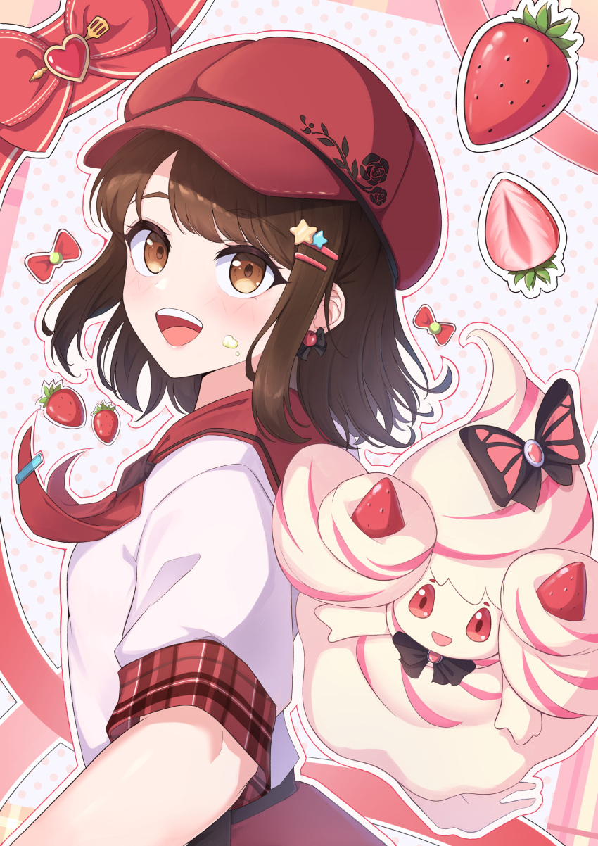 1girl :d absurdres alcremie alcremie_(strawberry_sweet) alternate_costume bow brown_eyes brown_hair commentary_request earrings eyelashes food food_on_face fruit gloria_(pokemon) hair_ornament hairclip happy hat highres jewelry jihi korean_commentary open_mouth outline plaid pokemon pokemon_(creature) pokemon_(game) pokemon_swsh red_headwear shirt short_sleeves smile strawberry strawberry_slice teeth tongue upper_teeth_only white_shirt