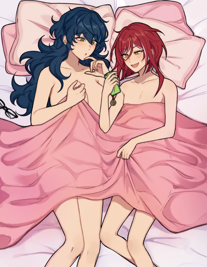 2girls aoba_tsumugi blanket blue_hair breasts completely_nude ensemble_stars! genderswap genderswap_(mtf) green_eyes highres holding holding_phone large_breasts long_hair lummy_yummy lying multicolored_hair multiple_girls nude on_back on_bed phone pillow red_hair sakasaki_natsume short_hair_with_long_locks small_breasts under_covers wavy_hair white_hair yellow_eyes yuri