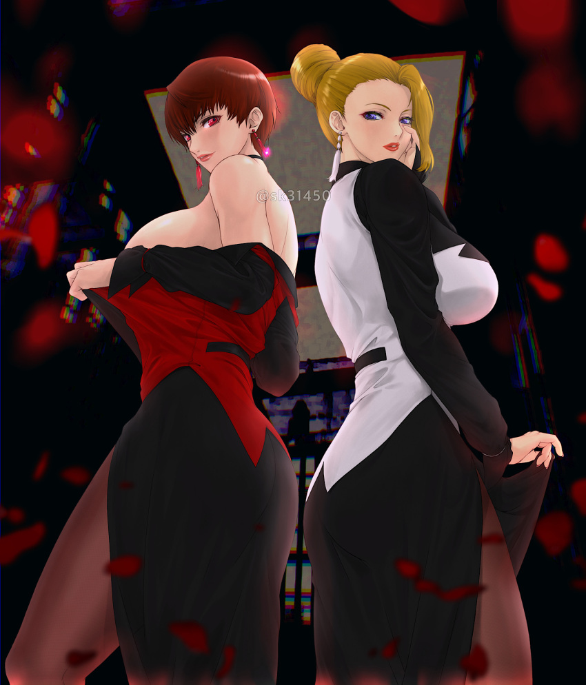 2girls artist_name back-to-back bare_shoulders blonde_hair blue_eyes breasts commentary_request dress earrings hair_bun hand_on_own_face highres holding jewelry large_breasts lips lipstick long_sleeves looking_at_viewer makeup mature_(kof) multiple_girls pantyhose petals red_eyes red_hair short_hair sideboob signature simple_background sk_(sk-g) skirt smile the_king_of_fighters the_king_of_fighters_'96 vice_(kof)