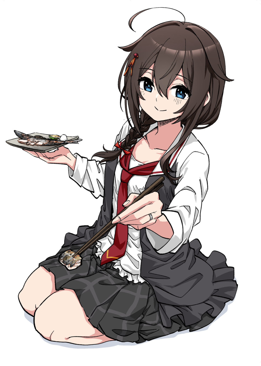 1girl ahoge black_skirt blue_eyes blush braid brown_hair chopsticks closed_mouth collarbone fish food gouta_(nagishiro6624) hair_between_eyes hair_flaps highres holding holding_chopsticks jewelry kantai_collection long_hair long_sleeves necktie official_alternate_costume pleated_skirt red_necktie ring saury shigure_(kancolle) shigure_kai_san_(kancolle) simple_background single_braid skirt smile solo wedding_ring white_background