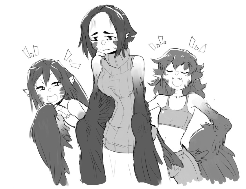 3girls bare_shoulders bullying commentary english_commentary facial_mark feathered_wings galaxyspark greyscale harpy long_hair midriff monochrome monster_girl multiple_girls notice_lines original parted_bangs sketch sleeveless sleeveless_turtleneck smug sweater turtleneck turtleneck_sweater winged_arms wings