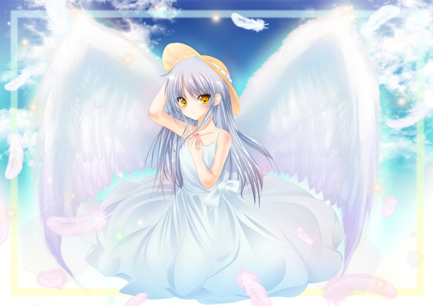 alternate_costume angel angel_beats! angel_wings arm_up bare_arms blue_sky blush bow closed_mouth cloud collarbone commentary dress dress_bow eyes_visible_through_hair falling_feathers feathered_wings feathers full_body hair_between_eyes hand_up hat hat_ribbon highres light_smile long_hair looking_at_viewer ralicejuri ribbon sitting sky straight_hair straw_hat sundress tachibana_kanade white_bow white_dress white_feathers white_hair white_ribbon white_wings wings yellow_eyes