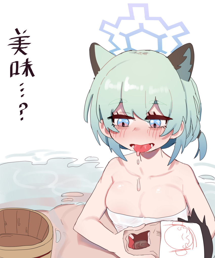 1boy 1girl absurdres animal_ears arona's_sensei_doodle_(blue_archive) blue_archive blue_eyes blue_halo blush breasts commentary english_commentary green_hair hair_between_eyes halo hetero highres large_breasts lulubelleiii naked_towel one_side_up onsen open_mouth sensei_(blue_archive) shigure_(blue_archive) short_hair spitting tongue tongue_out towel translated weasel_ears weasel_girl
