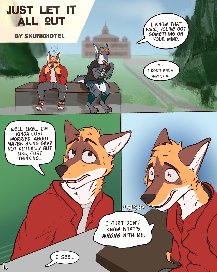 absurd_res anthro canid canine clothed clothing comic dialogue duo fish food hi_res koki_(skunkhotel) male male/male mammal maned_wolf marine open_mouth outside pizza shark skunkhotel text