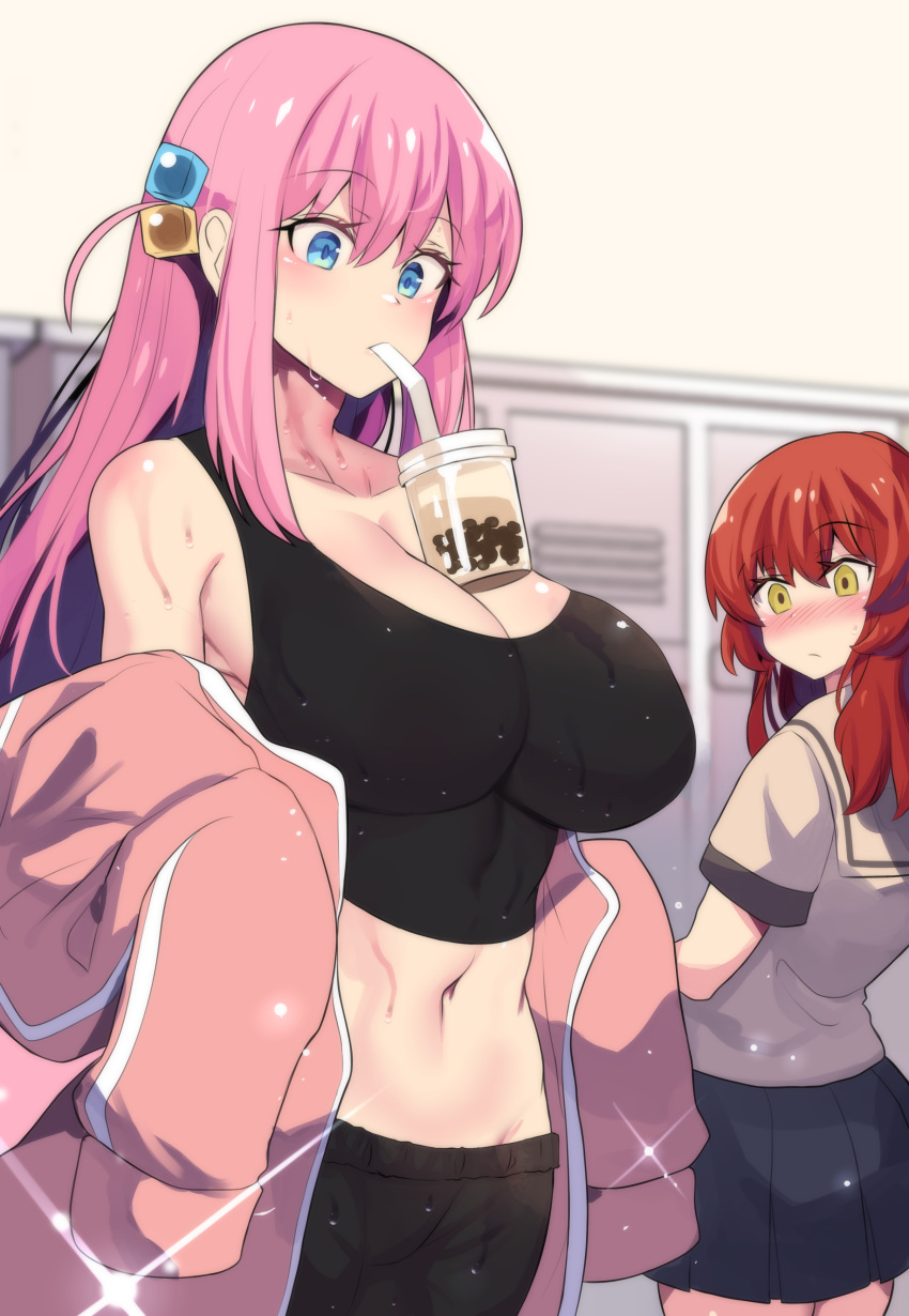 2girls absurdres black_tank_top blue_eyes blush bocchi_the_rock! breasts bubble_tea bubble_tea_challenge cleavage closed_mouth collarbone commentary cube_hair_ornament cup disposable_cup drinking drinking_straw drinking_straw_in_mouth english_commentary gotou_hitori gym_pants hair_between_eyes hair_ornament highres hinghoi jacket kita_ikuyo large_breasts locker locker_room long_hair looking_at_another looking_down multiple_girls navel object_on_breast pink_hair pink_jacket pink_track_suit school_uniform short_sleeves stomach tank_top track_jacket