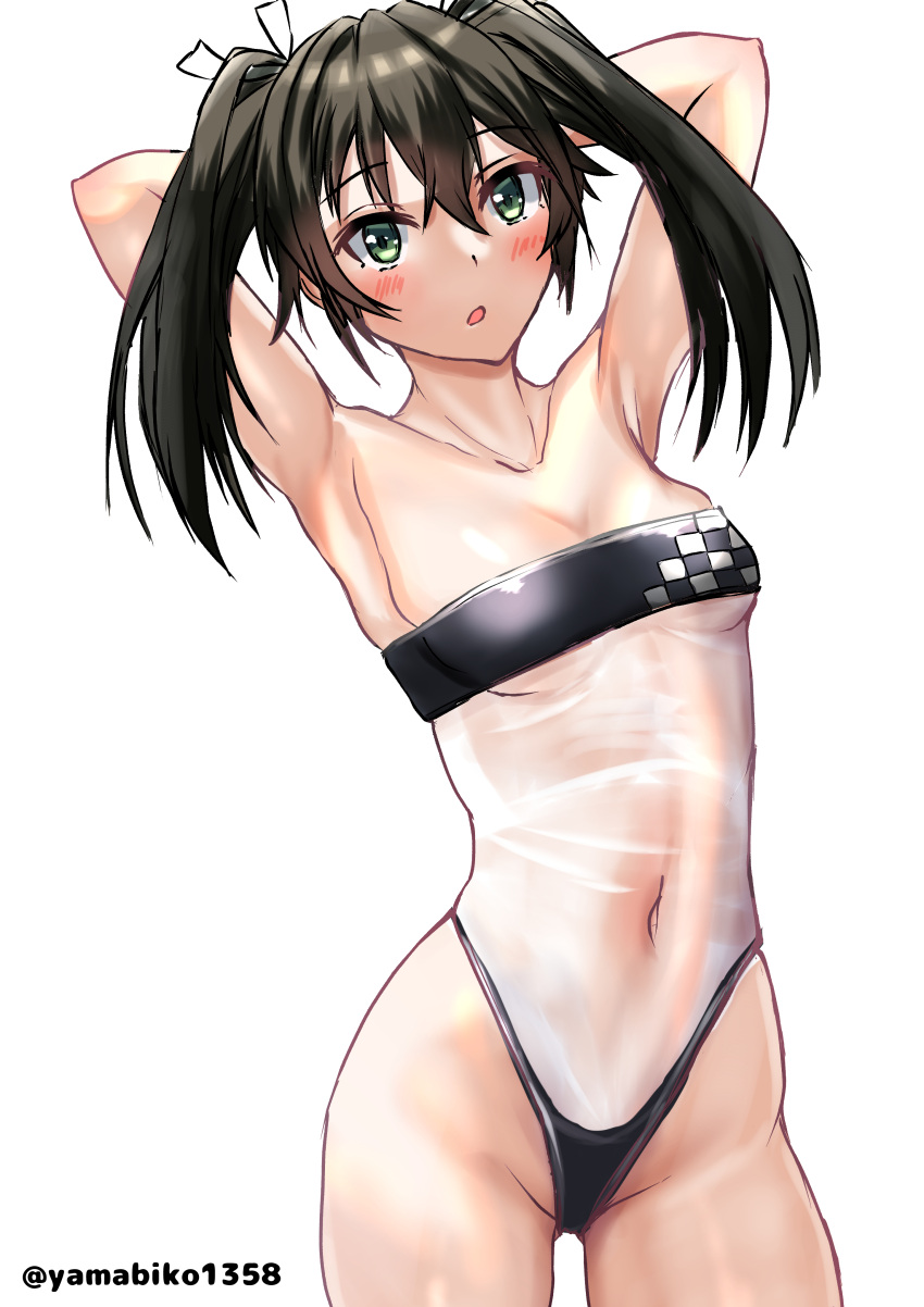 1girl absurdres arms_behind_head black_hair breasts casual_one-piece_swimsuit cleavage green_eyes gris highres kantai_collection long_hair looking_at_viewer meme_attire mizuki_(uzuki_no_sato) one-piece_swimsuit simple_background small_breasts solo standing swimsuit white_background zuikaku_(kancolle)