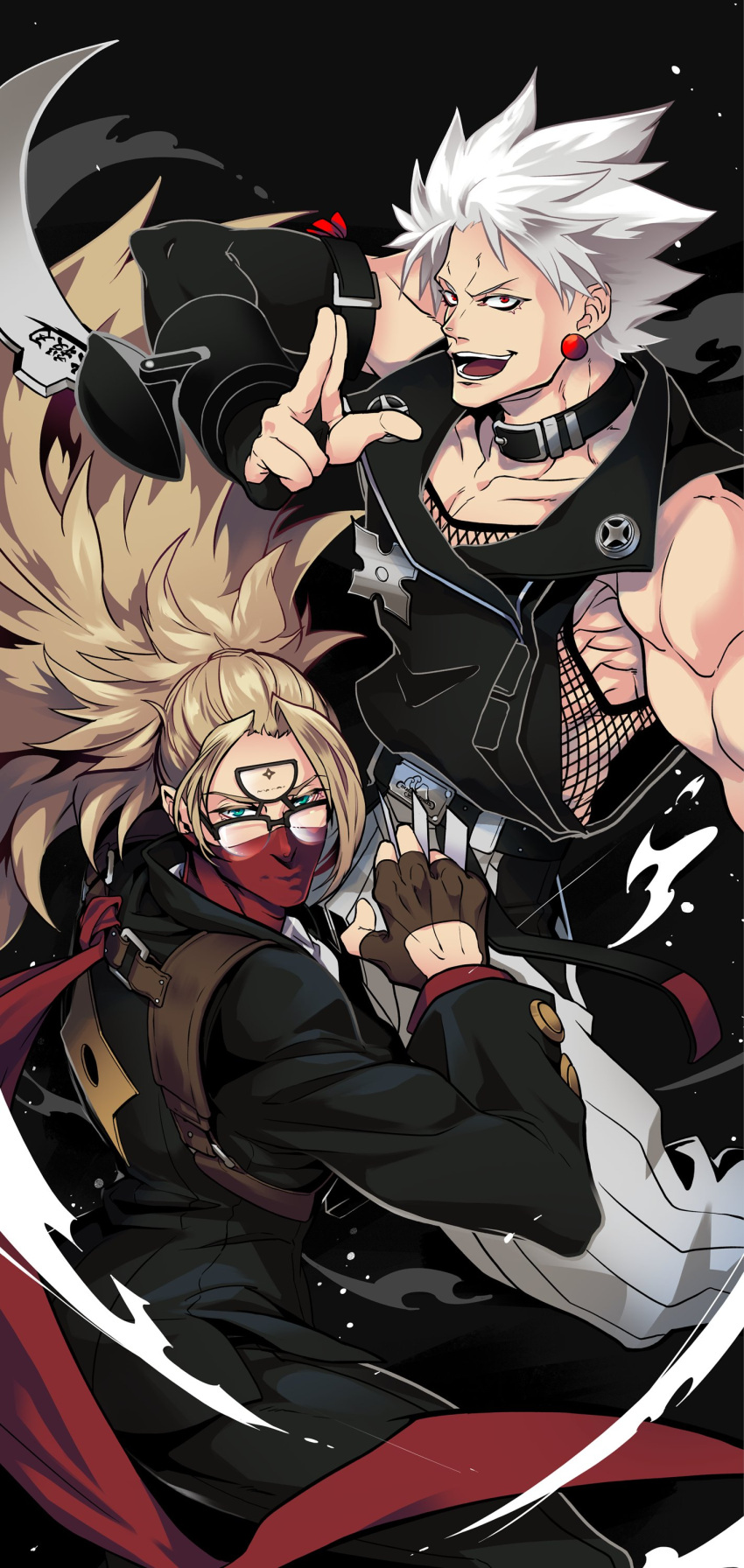 2boys absurdres answer_(guilty_gear) arm_blade bare_shoulders big_hair black-framed_eyewear black_choker black_jacket blonde_hair brown_gloves business_card chipp_zanuff choker covered_mouth don_ten_usagi earrings facial_mark fingerless_gloves forehead_mark glasses gloves green_eyes grey_hair guilty_gear guilty_gear_xrd hand_gesture highres jacket jewelry long_hair long_sleeves looking_at_viewer male_focus multiple_boys necktie ninja opaque_glasses over-rim_eyewear ponytail red_eyes semi-rimless_eyewear shirt sleeveless sleeveless_shirt weapon white_hair white_necktie