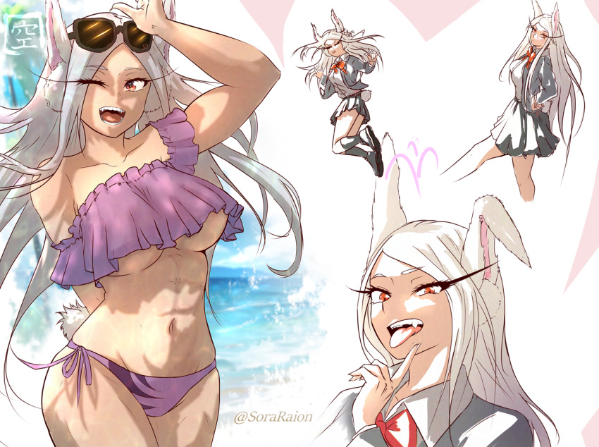 1girl ;d \n/ animal_ears arm_up beach bikini black-framed_eyewear black_footwear black_socks boku_no_hero_academia bow bowtie breasts collared_shirt dark-skinned_female dark_skin eyewear_on_head finger_to_own_chin frilled_bikini_top grey_jacket jacket large_breasts long_eyelashes long_hair looking_at_viewer mirko multiple_views navel off_shoulder one_eye_closed open_mouth parted_bangs pleated_skirt purple_bikini rabbit_ears rabbit_girl rabbit_tail red_bow red_bowtie red_eyes school_uniform shirt side-tie_bikini_bottom skirt smile socks sora_raion stomach swimsuit tail teeth thighs toned tongue tongue_out underboob water white_hair white_shirt