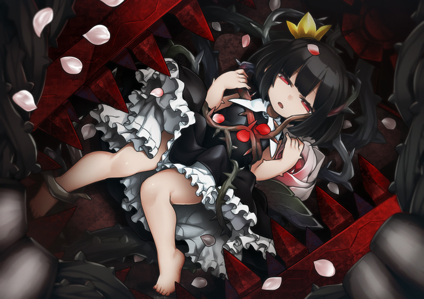 1girl bare_legs barefoot black_dress black_hair crown dress flower frilled_dress frills full_body kaida_michi leaf lying mini_crown on_back open_mouth petals plant red_eyes rose rose_(rose_to_tasogare_no_kojou) rose_to_tasogare_no_kojou short_hair solo spikes thorns vines white_flower white_rose