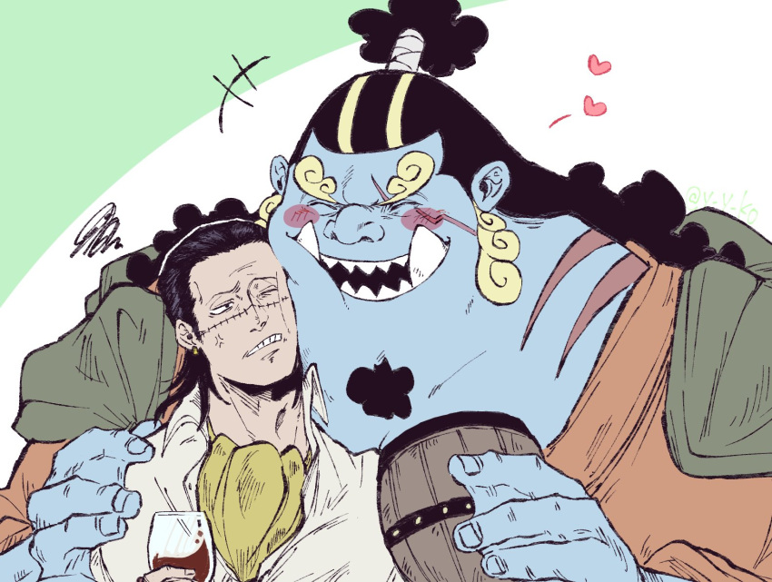 2boys afro anger_vein ascot beer_mug black_hair blue_skin blush_stickers cheek-to-cheek cigar collared_shirt colored_skin crocodile_(one_piece) cup curly_eyebrows drinking_glass fish_boy hair_slicked_back heads_together height_chart jinbe_(one_piece) laughing loving_aura male_focus mature_male merman monster_boy mug multiple_boys one_piece scar scar_on_face scar_on_nose sharp_teeth shirt short_hair size_difference smile smoking squatting stitches teeth tusks wine_glass y_y_ko