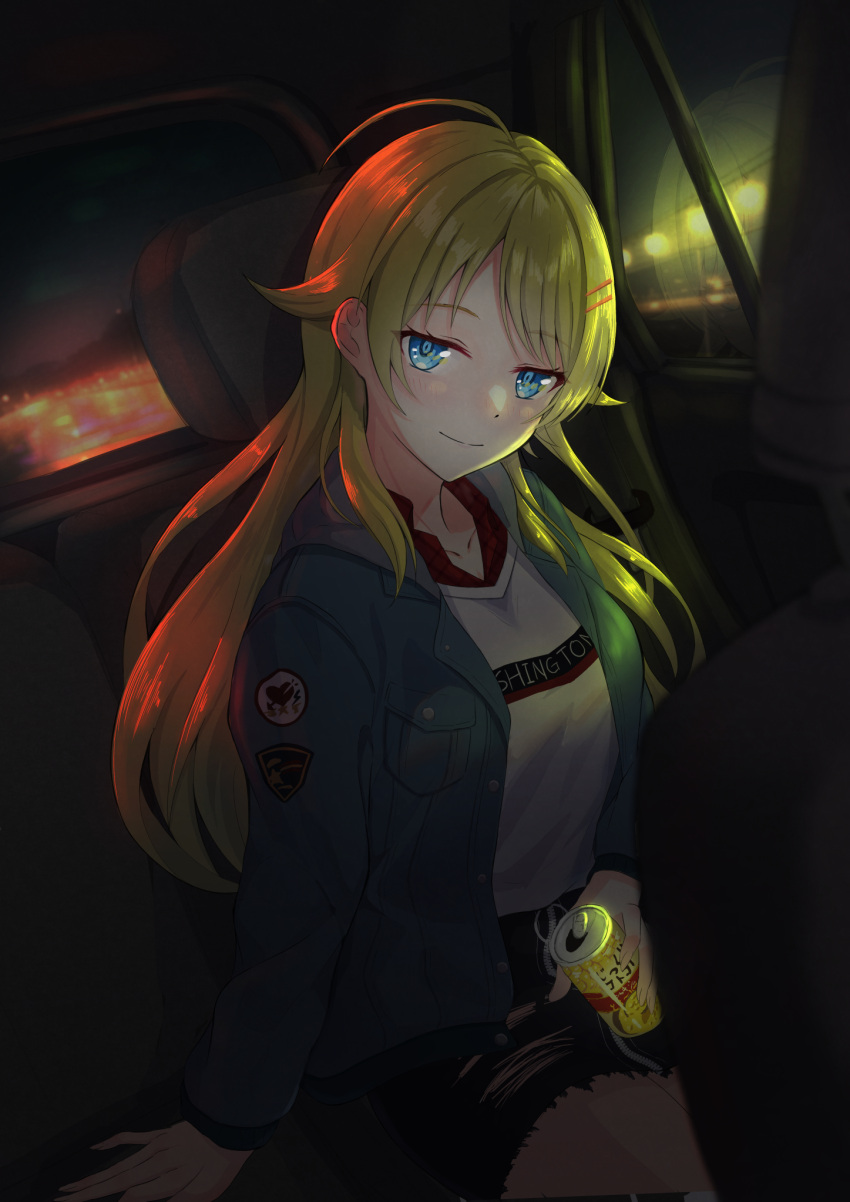 1girl ahoge blonde_hair blush breasts can car_interior collarbone cutoffs hachimiya_meguru highres holding holding_can hood hooded_jacket idolmaster idolmaster_shiny_colors jacket john_kelly large_breasts light_smile looking_at_viewer night solo