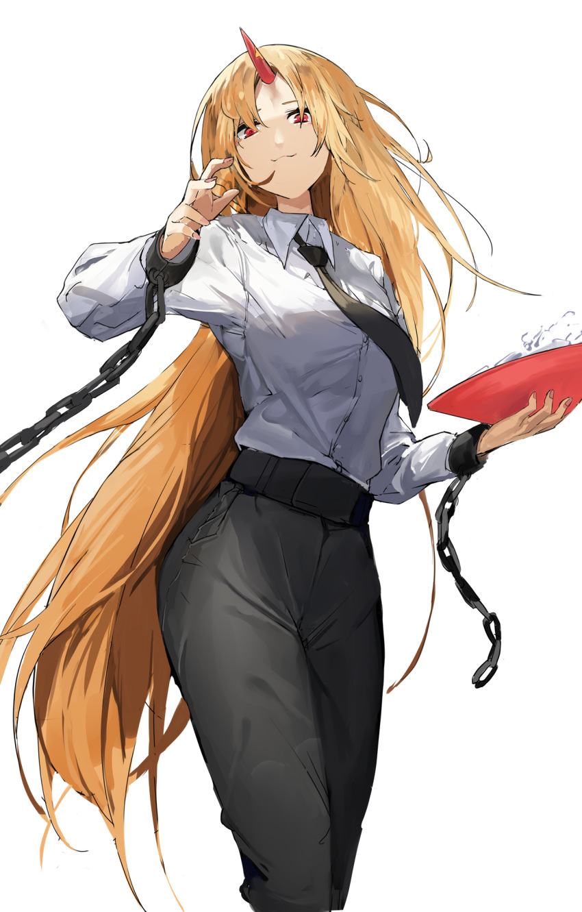 1girl black_necktie black_pants blonde_hair breasts chain collared_shirt cuffs cup highres holding holding_cup horns hoshiguma_yuugi large_breasts long_hair long_sleeves necktie oni_horns pants pocche-ex red_eyes red_horns sakazuki shirt simple_background single_horn solo touhou white_background white_shirt