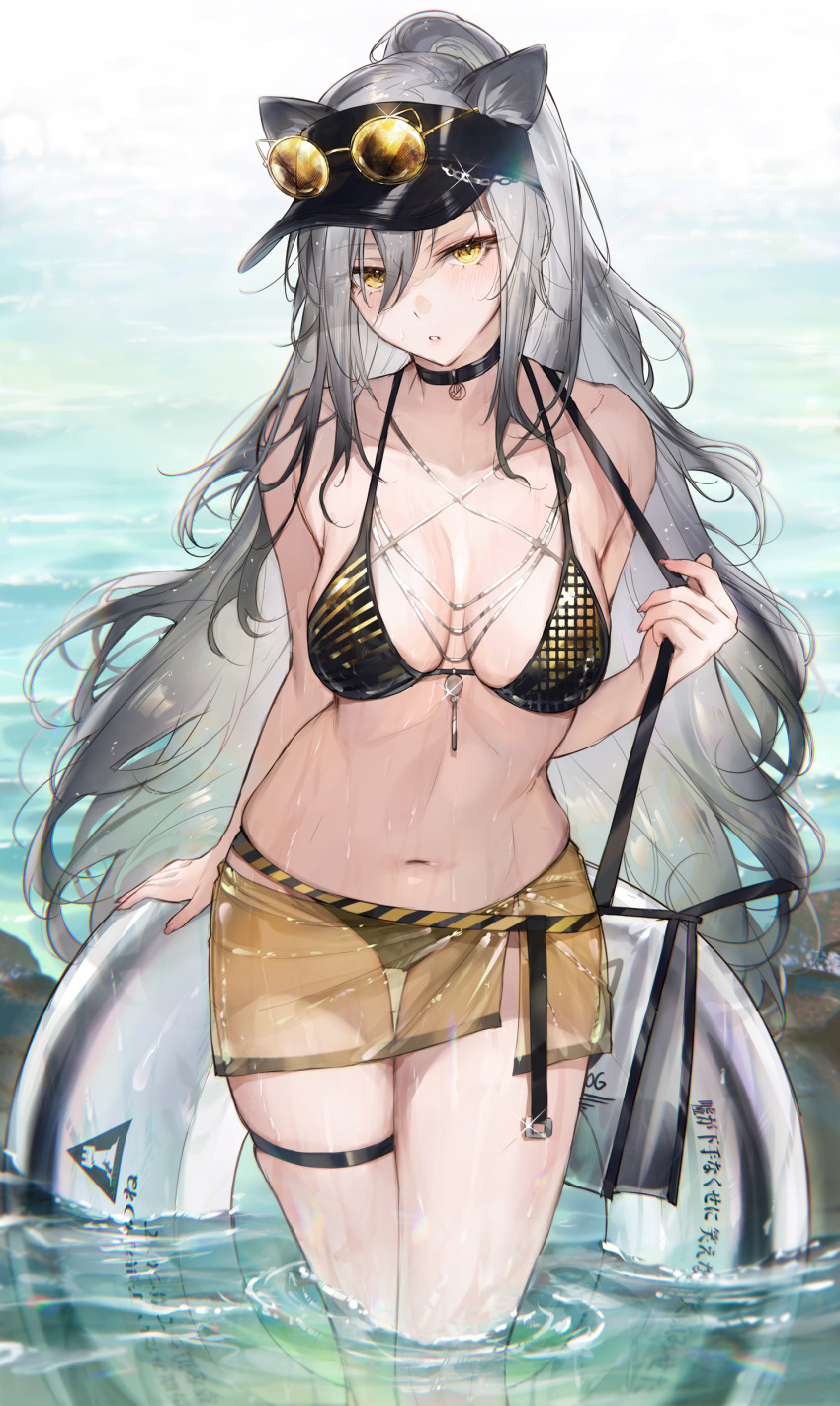 1girl absurdres alternate_costume arknights bad_id bad_twitter_id bare_shoulders bikini black_bikini black_choker black_headwear blush breasts choker cleavage collarbone grey_hair hair_between_eyes highres innertube large_breasts long_hair looking_at_viewer navel outdoors paid_reward_available parted_lips partially_submerged ponytail qiandaiyiyu revision schwarz_(arknights) see-through see-through_skirt skirt solo standing stomach swimsuit thigh_gap thigh_strap thighs visor_cap water yellow_eyes yellow_skirt