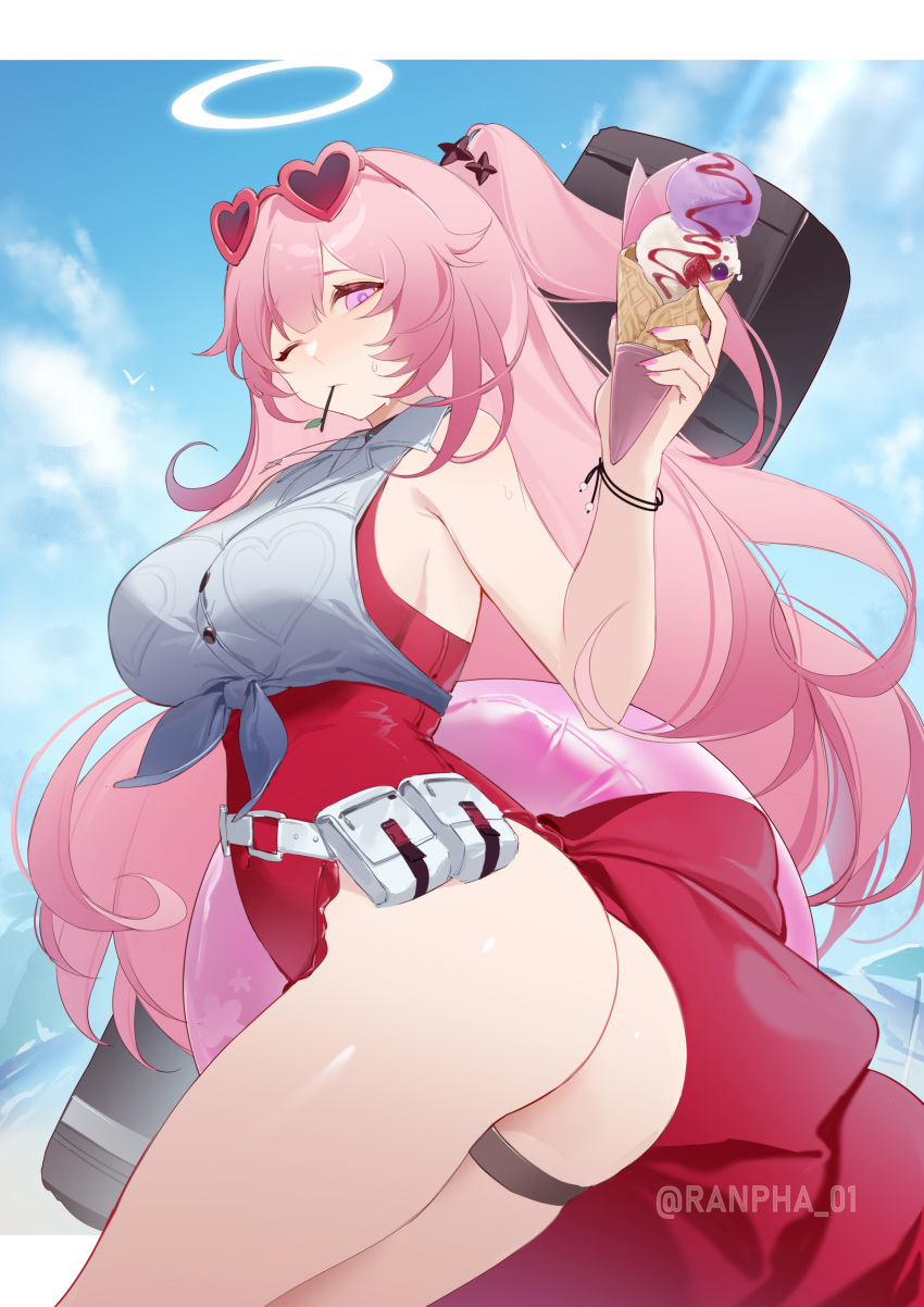 1girl absurdres ambriel_(arknights) ambriel_(holiday)_(arknights) arknights ass bare_arms bare_shoulders belt belt_pouch breasts cowboy_shot crepe crop_top eyewear_on_head food front-tie_top halo hand_up heart heart-shaped_eyewear highleg highleg_swimsuit highres holding large_breasts mouth_hold official_alternate_costume one-piece_swimsuit one_eye_closed one_side_up pink-framed_eyewear pink_eyes pink_hair pouch red_one-piece_swimsuit shibuya_(kurokamishain) shirt sleeveless sleeveless_shirt solo sunglasses swimsuit thigh_strap thighs twisted_torso white_shirt