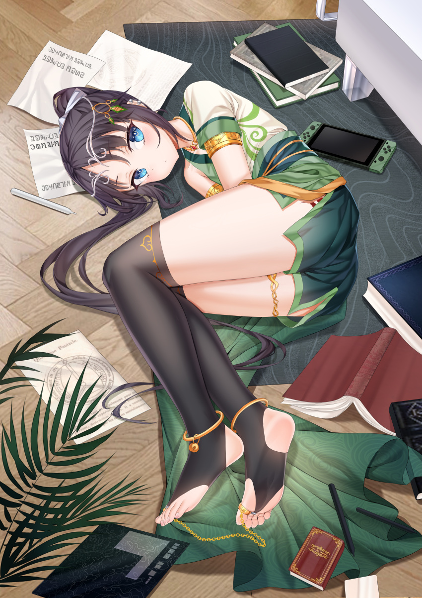 1boy absurdres anklet armlet black_hair black_thighhighs blue_eyes blush chain commission ear_piercing feet full_body gold_chain highres jewelry legs lying neck_ring nintendo_switch no_shoes on_floor on_side original otoko_no_ko piercing soles solo thighhighs thighlet tiara toe_ring toeless_legwear toenails toes xo_(xo17800108)