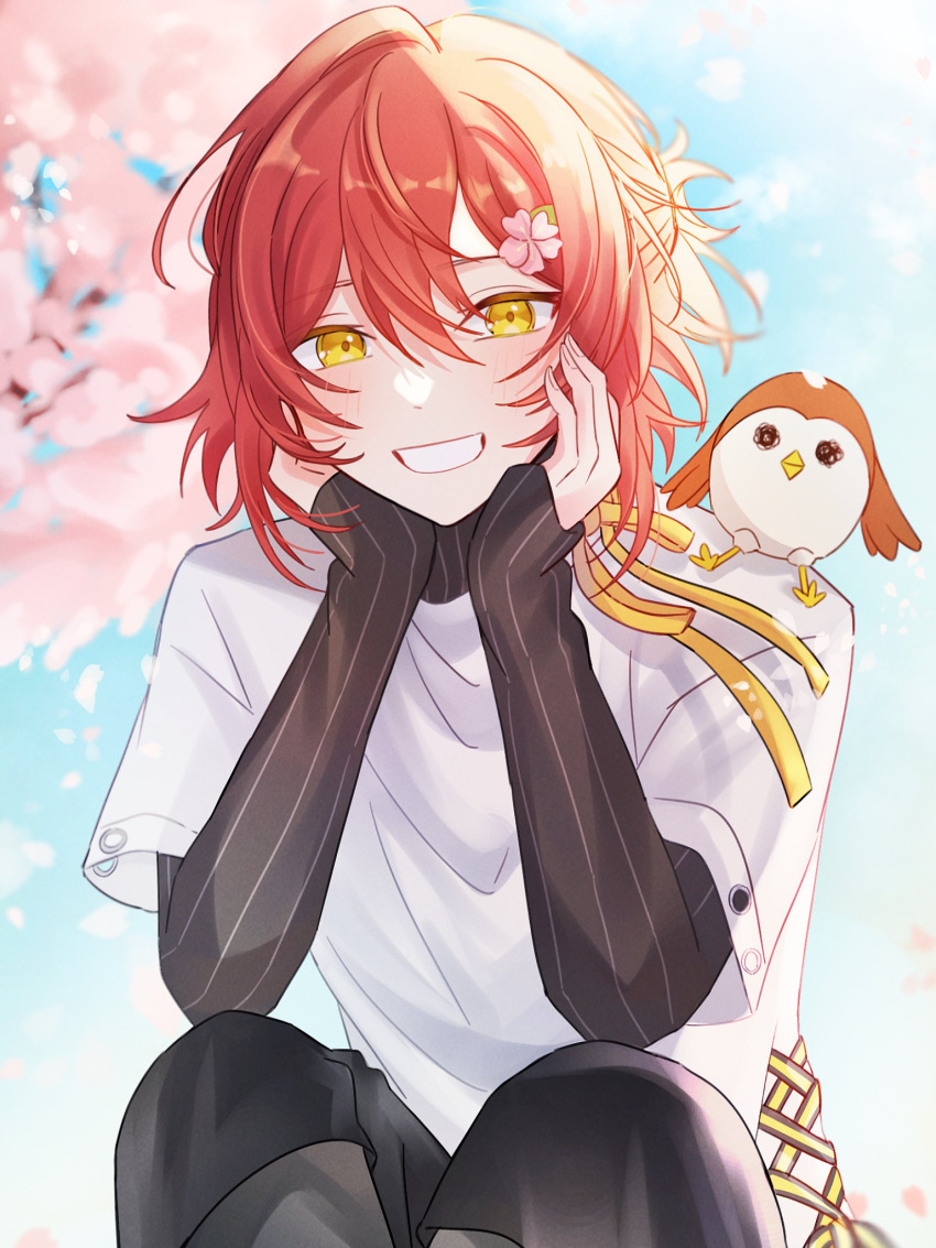 1boy animal_on_shoulder bird bird_on_shoulder black_pants black_sweater capri_pants cherry_blossoms day falling_petals feet_out_of_frame flower grin hair_between_eyes hair_flower hair_ornament hairclip half_updo hanasaki_miyabi hands_on_own_cheeks hands_on_own_face head_rest highres holostars knees_up kyomu_suzume layered_sleeves light_blush long_sleeves looking_at_viewer male_focus medium_hair pants petals pink_flower rainey red_hair ribbon shirt short_over_long_sleeves short_sleeves sleeves_past_wrists smile solo sparrow sweater turtleneck turtleneck_sweater virtual_youtuber white_shirt yellow_eyes yellow_ribbon