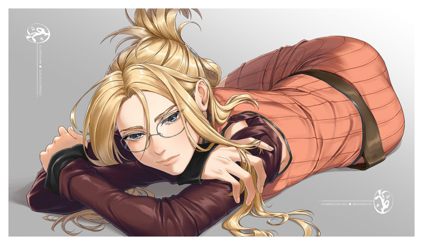 1girl ass belt blonde_hair blue_eyes blush crossed_arms detached_sleeves dress final_fantasy final_fantasy_viii folded_ponytail glasses highres irene_koh lips long_hair looking_at_viewer lying on_side quistis_trepe ribbed_dress signature simple_background solo twitter_username