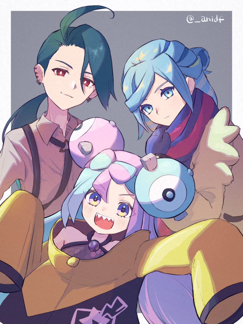 1boy 2girls :d ahoge anidf blue_hair border bright_pupils character_hair_ornament closed_mouth collared_shirt commentary_request green_hair grey_background grusha_(pokemon) hair_ornament hand_up highres iono_(pokemon) jacket long_hair long_sleeves mittens multicolored_hair multiple_girls necktie open_mouth pink_hair pokemon pokemon_(game) pokemon_sv red_eyes rika_(pokemon) scarf sharp_teeth shirt sleeveless sleeveless_shirt smile split_mouth striped striped_scarf suspenders teeth tongue twintails two-tone_hair upper_teeth_only white_border white_pupils yellow_jacket