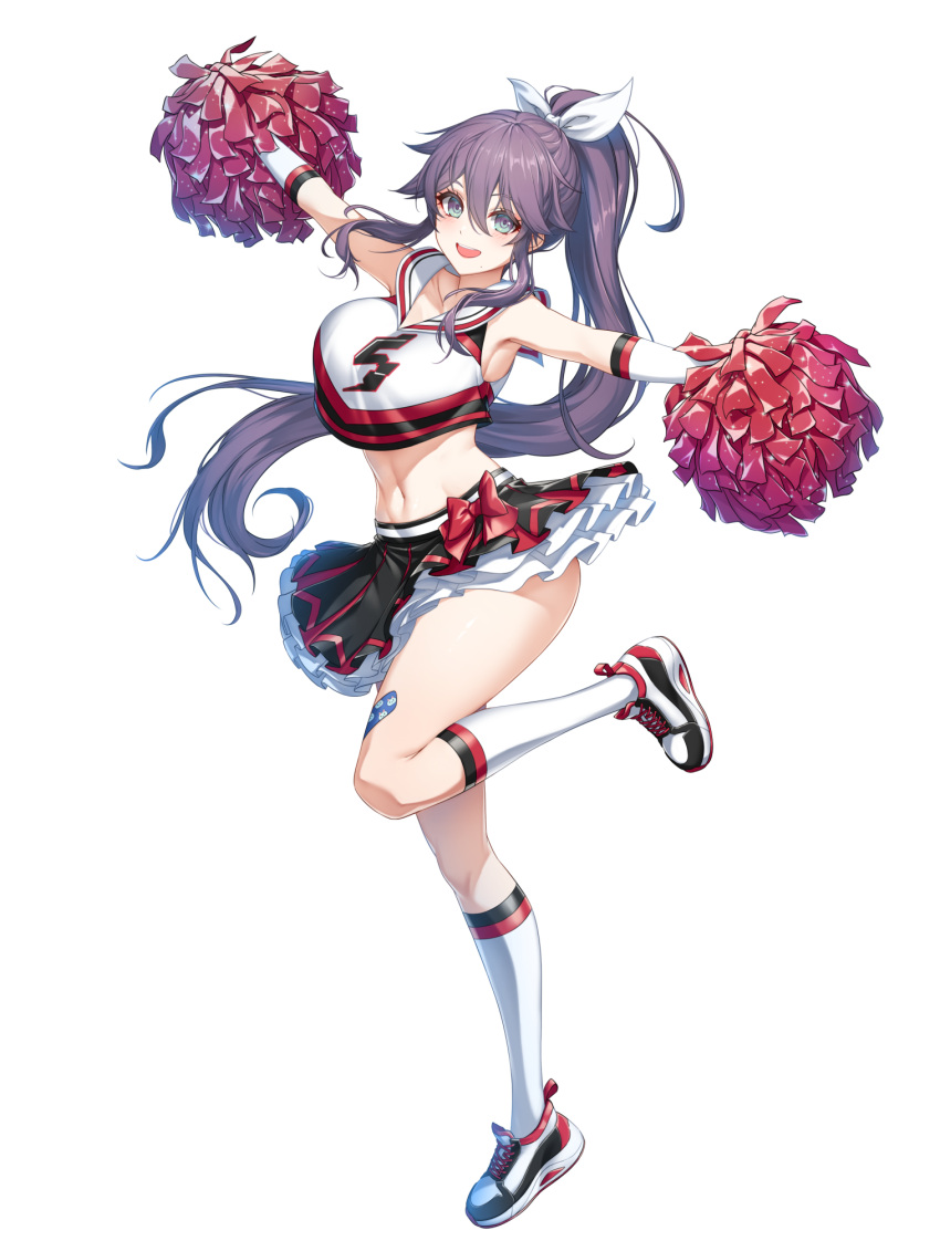 1girl aeri_(closers) arm_warmers armpits bandaid bare_shoulders black_skirt breasts cheerleader closers collared_shirt crop_top crop_top_overhang full_body green_eyes hair_ribbon highres holding holding_pom_poms kneehighs large_breasts layered_skirt long_hair looking_at_viewer midriff miniskirt mole mole_under_mouth navel non-web_source official_art open_mouth outstretched_arms pleated_skirt pom_pom_(cheerleading) ponytail purple_hair ribbon sailor_collar shirt shoes simple_background skirt sleeveless sleeveless_shirt smile sneakers socks solo standing standing_on_one_leg stomach thighs two-tone_shirt very_long_hair white_background white_footwear white_shirt white_socks