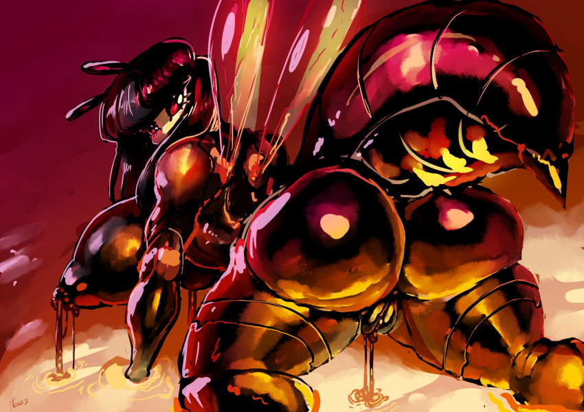 all_fours antennae_(anatomy) anthro arthropod arthropod_abdomen bee big_breasts big_butt black_hair bodily_fluids breasts butt female food gausscannon genital_fluids genitals hair hi_res honey_(food) huge_breasts hymenopteran insect lactating looking_at_viewer looking_back looking_back_at_viewer pussy pussy_juice rear_view red_eyes solo stinger thick_thighs wings