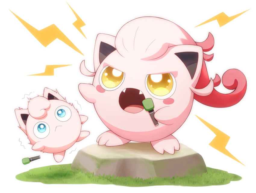 :&lt; blue_eyes blush blush_stickers closed_eyes fangs grass highres holding holding_microphone jigglypuff loud microphone monaka_(hc_pkmn) music no_humans open_mouth pokemon pokemon_(creature) rock scream_tail simple_background singing standing tongue trembling v-shaped_eyebrows white_background wide-eyed yellow_eyes