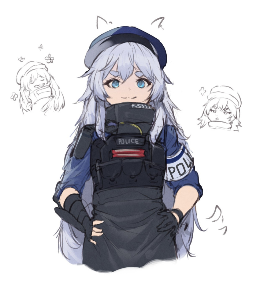 1girl arm_guards armband bandolier black_gloves blue_eyes gloves goddess_of_victory:_nikke hands_on_own_hips hat highres long_hair pepeo poli_(nikke) police police_hat police_uniform policewoman short_sleeves shoulder_pads sidelocks simple_background smile uniform very_long_hair wavy_hair white_background white_hair