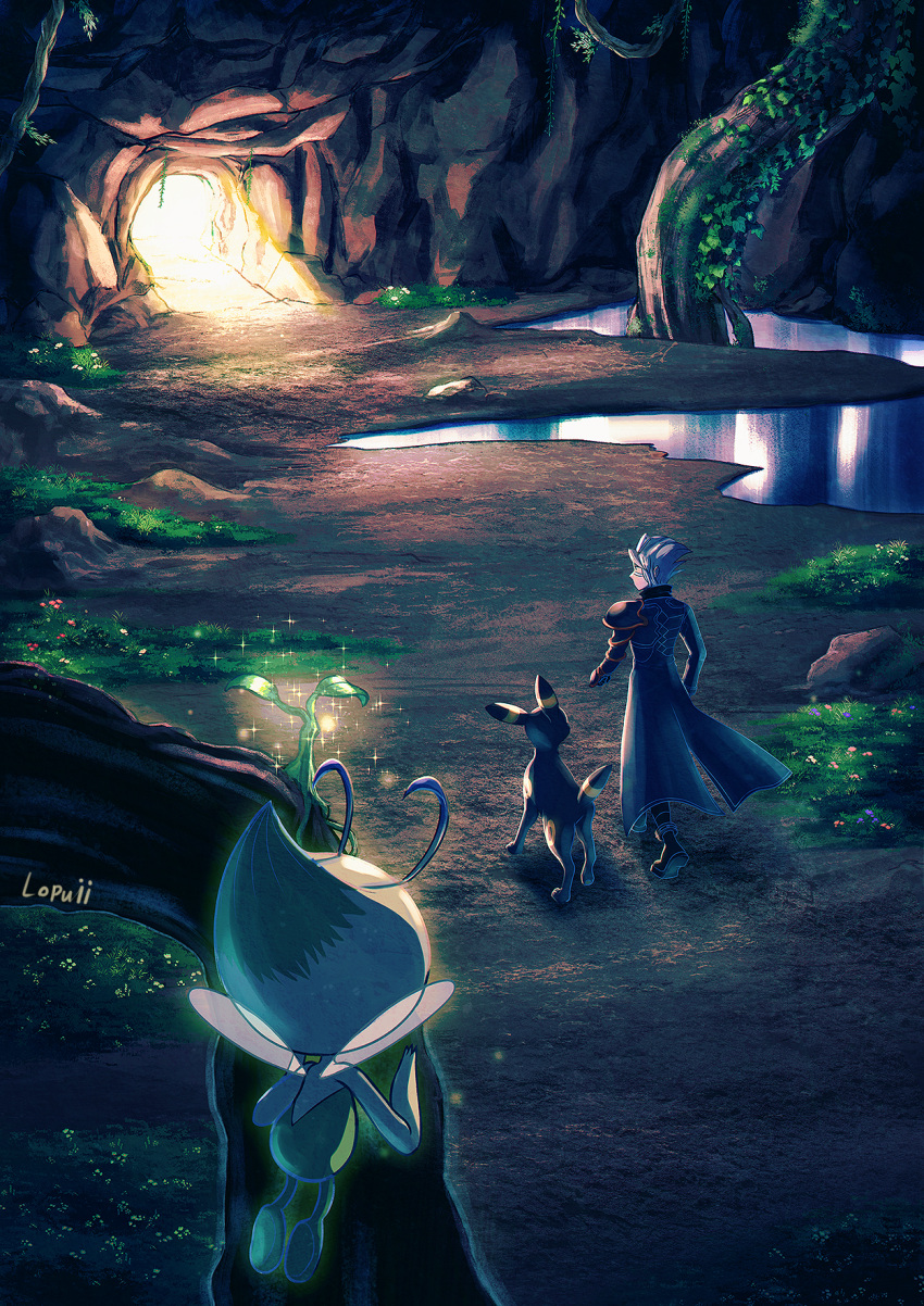 1boy cave celebi coat commentary_request flower grass grey_hair highres indoors lopuii male_focus pokemon pokemon_(creature) pokemon_(game) pokemon_colosseum purple_flower short_hair signature single_shoulder_pad sparkle standing umbreon walking water wes_(pokemon)