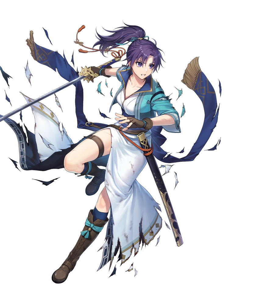 1girl boots fingerless_gloves fir_(fire_emblem) fire_emblem fire_emblem:_the_binding_blade fire_emblem_heroes full_body gloves highres japanese_clothes kiyu_(zuyu) knee_boots long_hair non-web_source obi official_art ponytail purple_eyes purple_hair sash short_sleeves solo sword thigh_strap transparent_background weapon