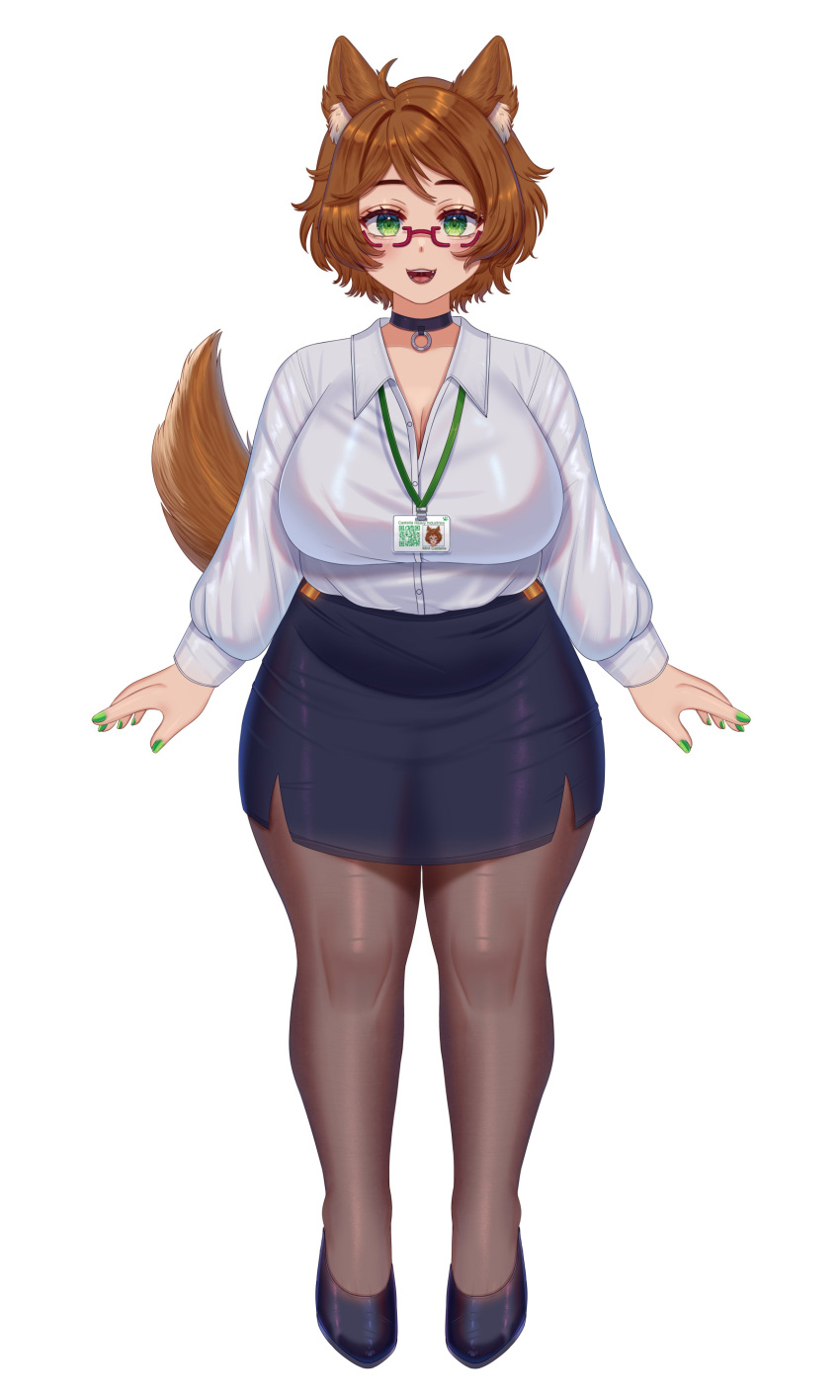 1girl absurdres ahoge animal_ear_fluff animal_ears arms_at_sides blue_skirt blush breasts brown_hair brown_tail buttons character_name choker cleavage close-up collared_shirt dog_girl english_text full_body glasses green_eyes green_nails highres id_card indie_virtual_youtuber lanyard large_breasts long_sleeves looking_at_viewer medium_hair mint_castella open_hands open_mouth paw_print qr_code red-framed_eyewear second-party_source semi-rimless_eyewear shirt simple_background skirt smile solo standing straight-on su_niii tail tareme thick_thighs thighs virtual_youtuber white_background wing_collar