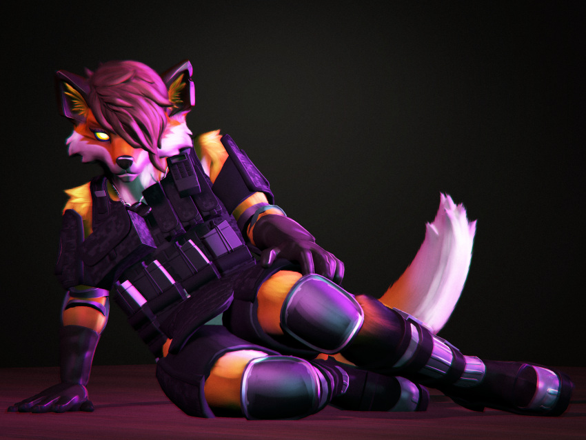 3d_(artwork) anthro boots brown_body brown_fur brown_hair bulletproof_vest camo camo_clothing camo_print canid canine cheek_tuft chromatic_aberration cinder_(huskytheprotogen) clothing digital_camo digital_camouflage digital_media_(artwork) dog_tags elbow_pads epic_games eyelashes facial_tuft female fennix_(fortnite) footwear fortnite fox fur gloves glowing glowing_eyes hair hair_over_eye hand_on_ground hand_on_hip handwear hi_res hip_armor huskytheprotogen knee_pads looking_at_viewer magazine_(gun) magazine_pouch magenta_lighting mammal one_eye_obstructed orange_body orange_fur pattern_clothing petruz_(copyright) pouches red_fox shoulder_pads shoulder_tuft simple_background sitting sitting_on_ground solo source_filmmaker steel_tipped_boots tail tail_tuft tuft valve walkie-talkie white_body white_fur white_tail_tip wood_floor yellow_eyes