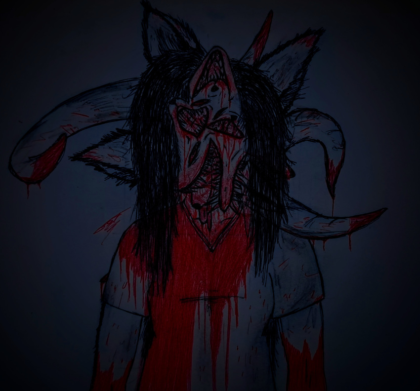 absurd_res ambiguous_gender anthro blood bodily_fluids demon female filter gore hi_res horn k17zun3 looking_at_viewer multiple_faces pen_(artwork) traditional_media_(artwork) unknown_species