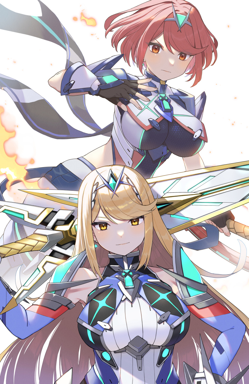 2girls absurdres aegis_sword_(xenoblade) alternate_color armor black_gloves blonde_hair breasts chest_jewel closed_mouth dangle_earrings earrings fingerless_gloves fire flame gloves hand_on_own_hip highres holding holding_sword holding_weapon jewelry kinagi_(3307377) large_breasts light_smile long_hair looking_at_viewer multiple_girls mythra_(xenoblade) over_shoulder pyra_(xenoblade) red_eyes red_hair serious short_hair shoulder_armor star_(symbol) star_earrings swept_bangs sword sword_over_shoulder tiara weapon weapon_over_shoulder white_background xenoblade_chronicles_(series) xenoblade_chronicles_2 yellow_eyes